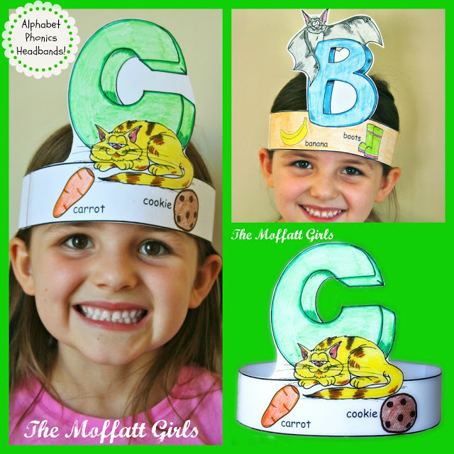 Each headband has a letter with a picture and corresponding smaller pictures to help teach/reinforce the phonics sound made by the letter.
