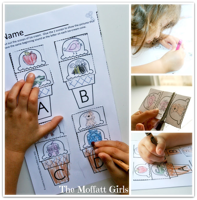 This is such a FUN way for kids to practice and reinforce beginning sounds! Each ice-cream scoop has a picture that has a beginning sound that matches a letter on the ice-cream cone. 