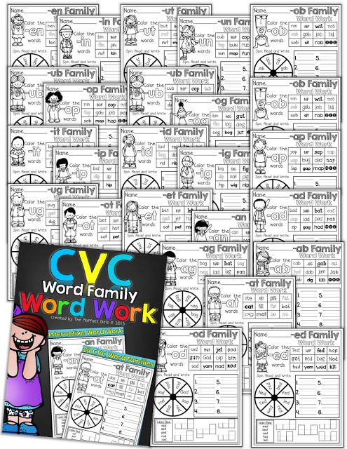 CVC Word Family Word Work CVC Word Family Word work is a FUN, hands-on approach to learning and practicing 24 CVC word families for Kindergarten and 1st Grade!