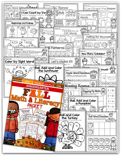 Teach basic addition, subtraction, sight words, phonics, letters, handwriting and so much more with the Fall NO PREP Packet for Kindergarten!