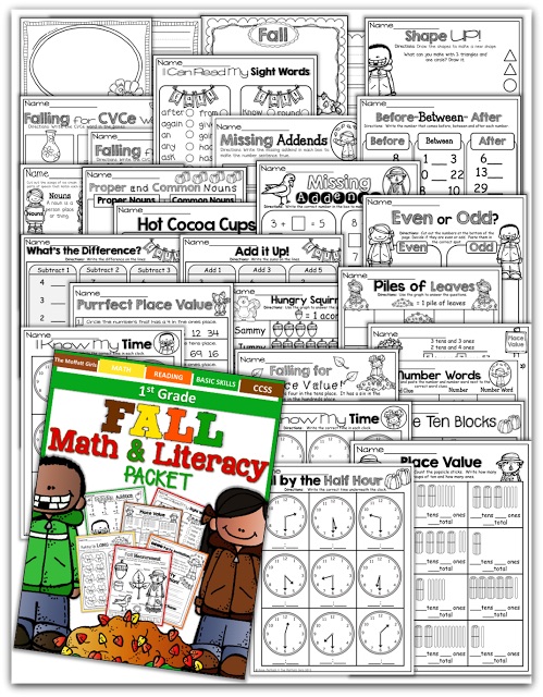 Fall Math and Literacy Packet (1st Grade) Teach addition, subtraction, sight words, phonics, grammar, handwriting and so much more with the Fall NO PREP Packet for First Grade!