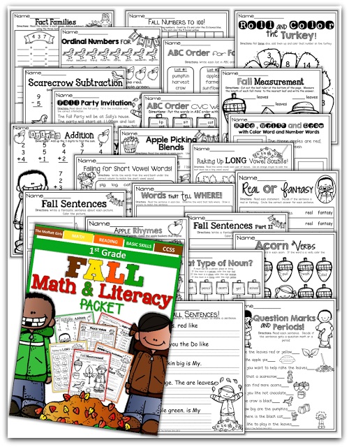 Fall Math and Literacy Packet (1st Grade) Teach addition, subtraction, sight words, phonics, grammar, handwriting and so much more with the Fall NO PREP Packet for First Grade!