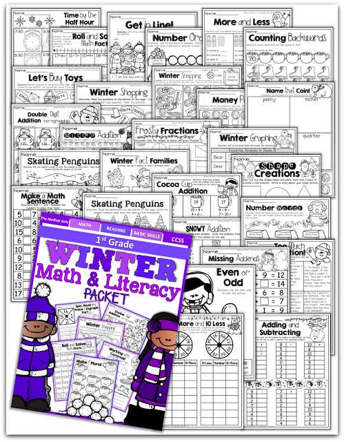 Teach addition, subtraction, sight words, phonics, grammar, handwriting and so much more with the Winter NO PREP Packet for First Grade!
