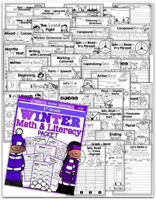Teach addition, subtraction, sight words, phonics, grammar, handwriting and so much more with the Winter NO PREP Packet for First Grade!