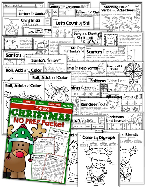 Teach addition, subtraction, sight words, phonics, grammar, handwriting and so much more with the December NO PREP Packet for First Grade!