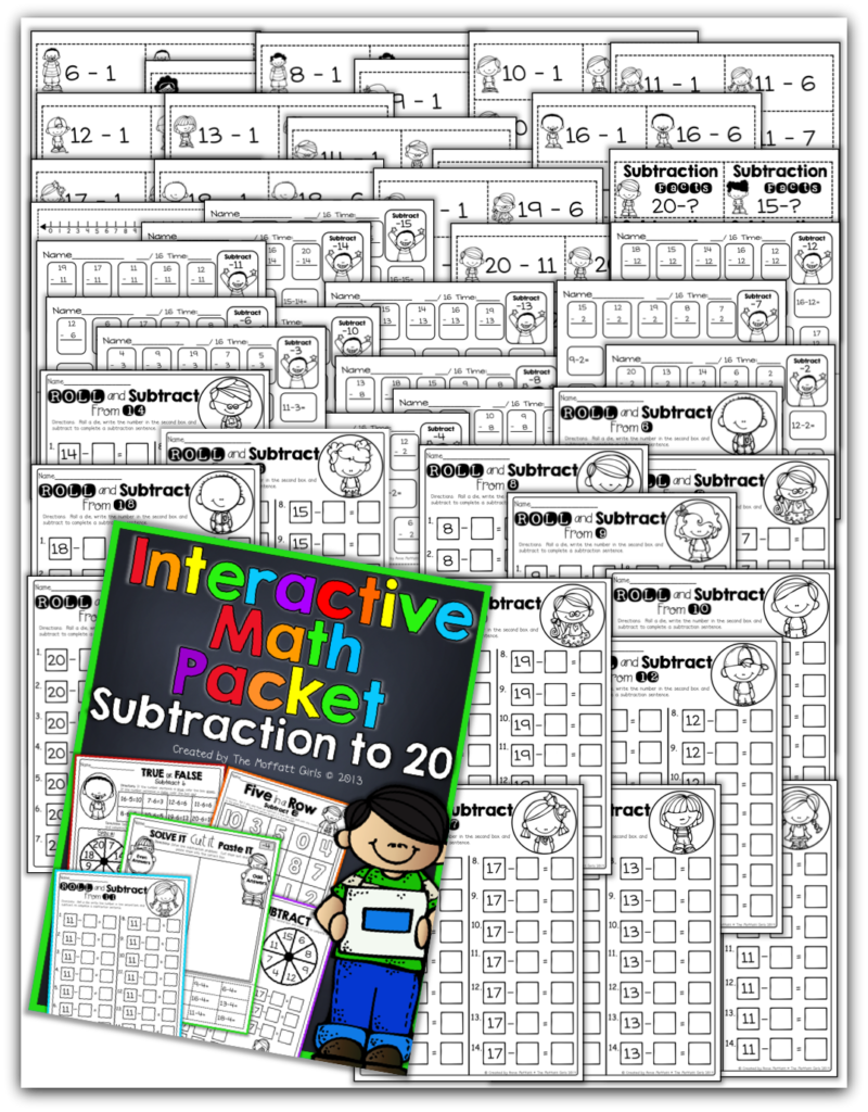 This Interactive Math NO PREP Packet is FILLED with FUN and interactive ways to master math facts (subtraction) up to 20 for Kindergarten and 1st Grade!