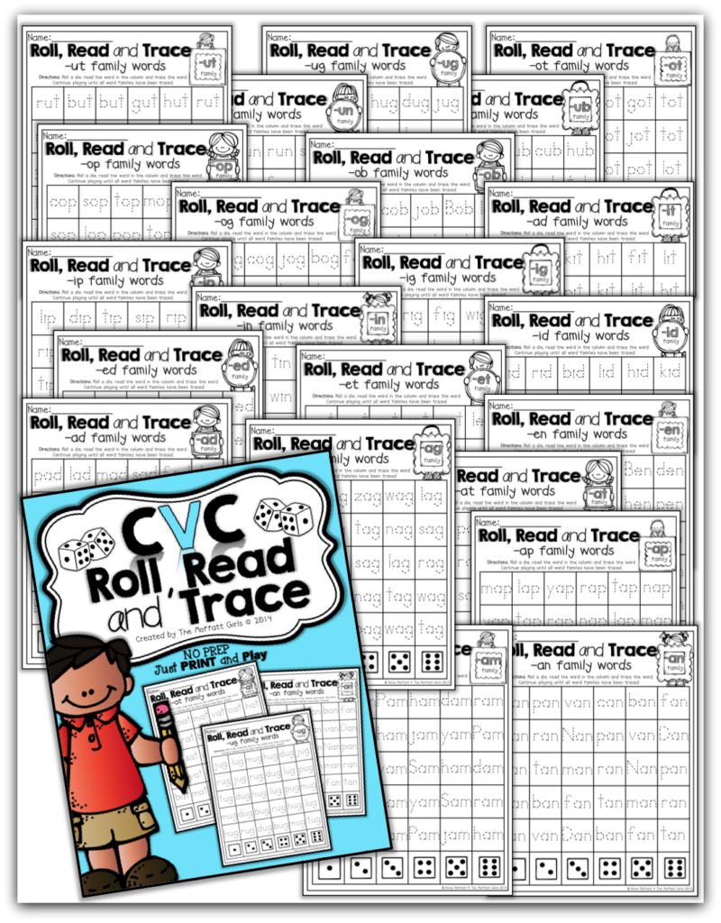 The CVC Roll, Read and Trace NO PREP packet makes learning word families FUN for beginning readers!