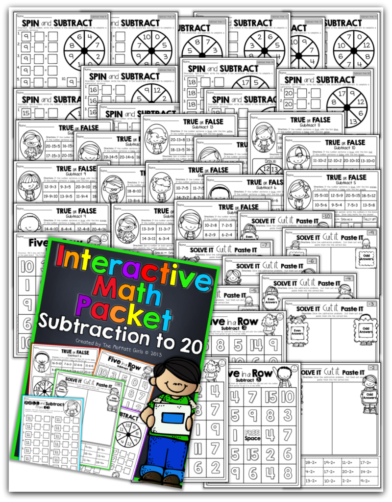 This Interactive Math NO PREP Packet is FILLED with FUN and interactive ways to master math facts (subtraction) up to 20 for Kindergarten and 1st Grade!