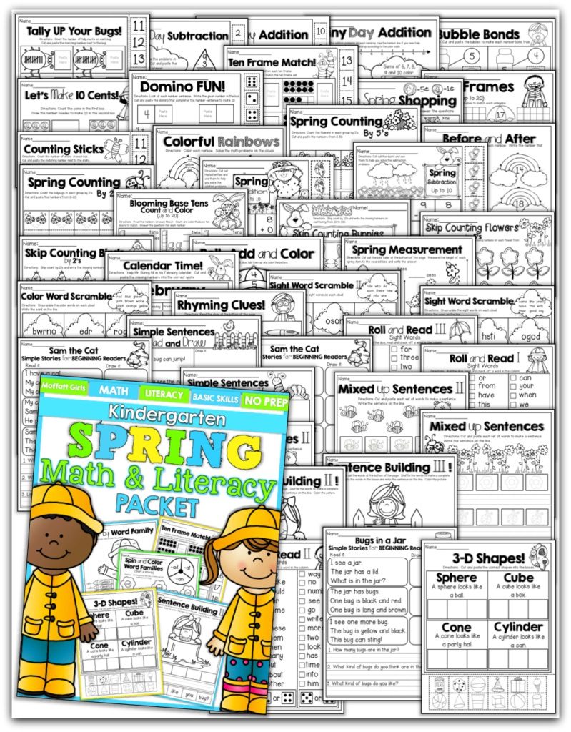 Teach basic addition, subtraction, sight words, phonics, letters, handwriting and so much more with the Spring NO PREP Packet for Kindergarten!