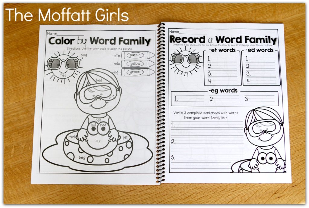 Color by Word Family (Summer Edition)! This Color by Word Family (Summer Edition) packet is a FUN way to allows students to COLOR and RECORD 60 DIFFERENT word families, ranging from simple CVC words but also includes blends, digraphs and more complex word families and use the word families, to WRITE SENTENCES!