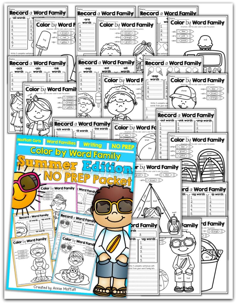 Color by Word Family (Summer Edition)! This Color by Word Family (Summer Edition) packet is a FUN way to allows students to COLOR and RECORD 60 DIFFERENT word families, ranging from simple CVC words but also includes blends, digraphs and more complex word families and use the word families, to WRITE SENTENCES!
