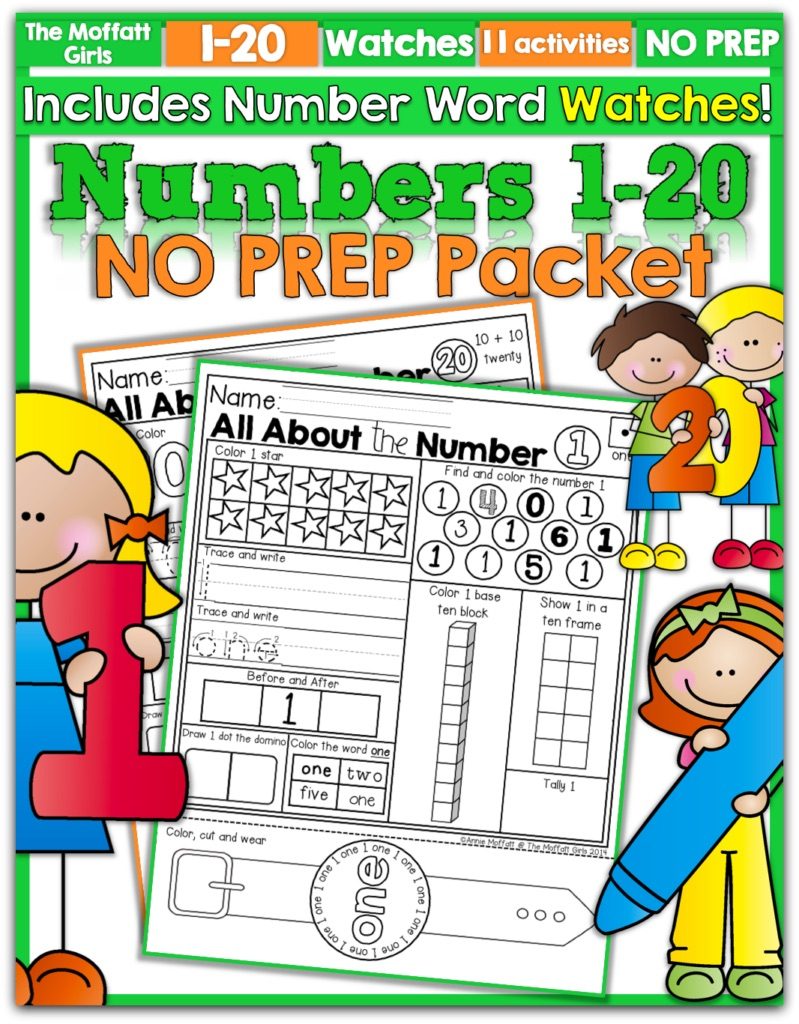 The Numbers 1-20 NO PREP Packet is geared toward Pre-K, Kindergarten and 1st Grade students to identify numbers in a variety of ways while developing number sense, includes Number Word Watches!