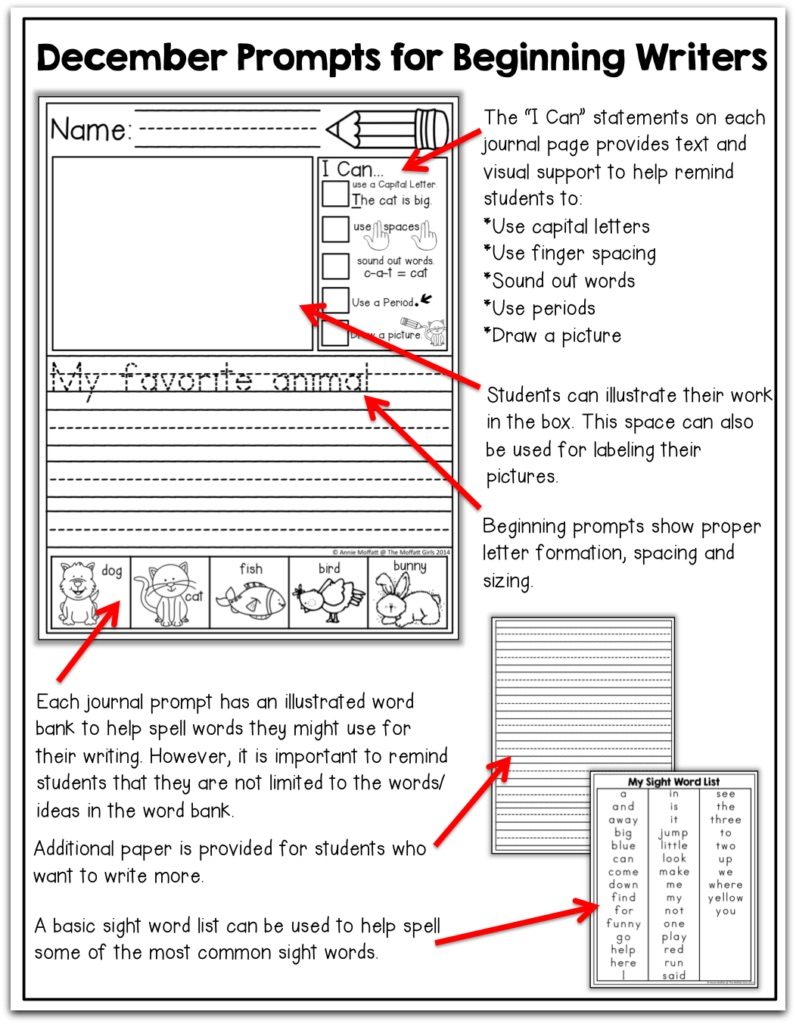 These December NO PREP 20 journal prompts include I Can statements to build writing skills and a picture dictionary to spark the imagination. Perfect for beginning writers.