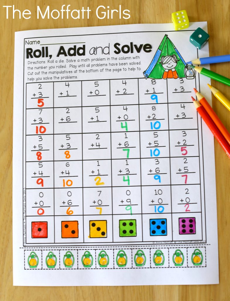 Summer Review NO PREP Kindergarten! Roll, Add and Solve (addition up to 10)- Avoid the Summer Slide! Help your students stay on track during summer break with these FUN activities! Perfect for Kindergarten going into 1st Grade!