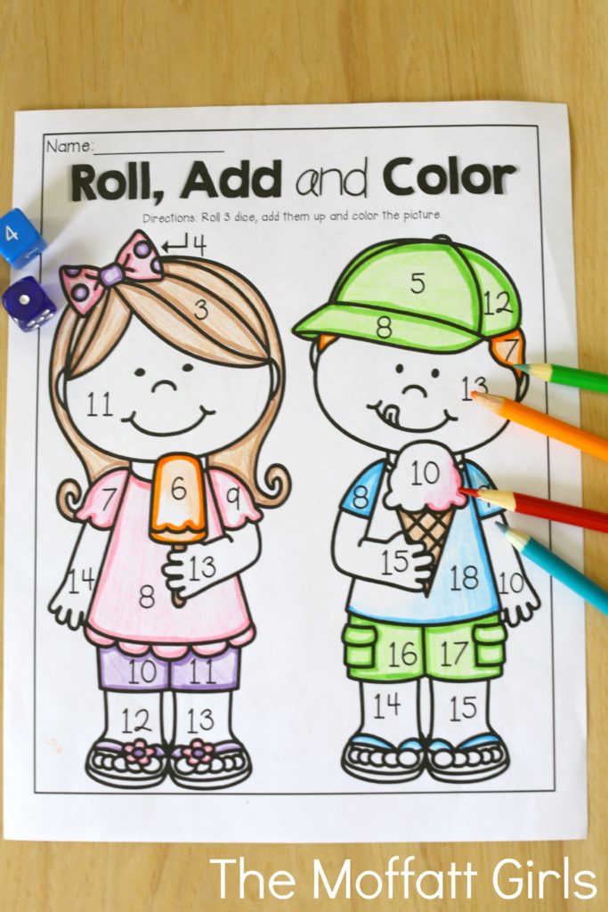 Summer Review NO PREP 1st Grade in action! Roll, Add and Color (addition up to 20)- Avoid the Summer Slide! Help your students stay on track during summer break with these FUN activities! Perfect for 1st Grade going into 2nd Grade!