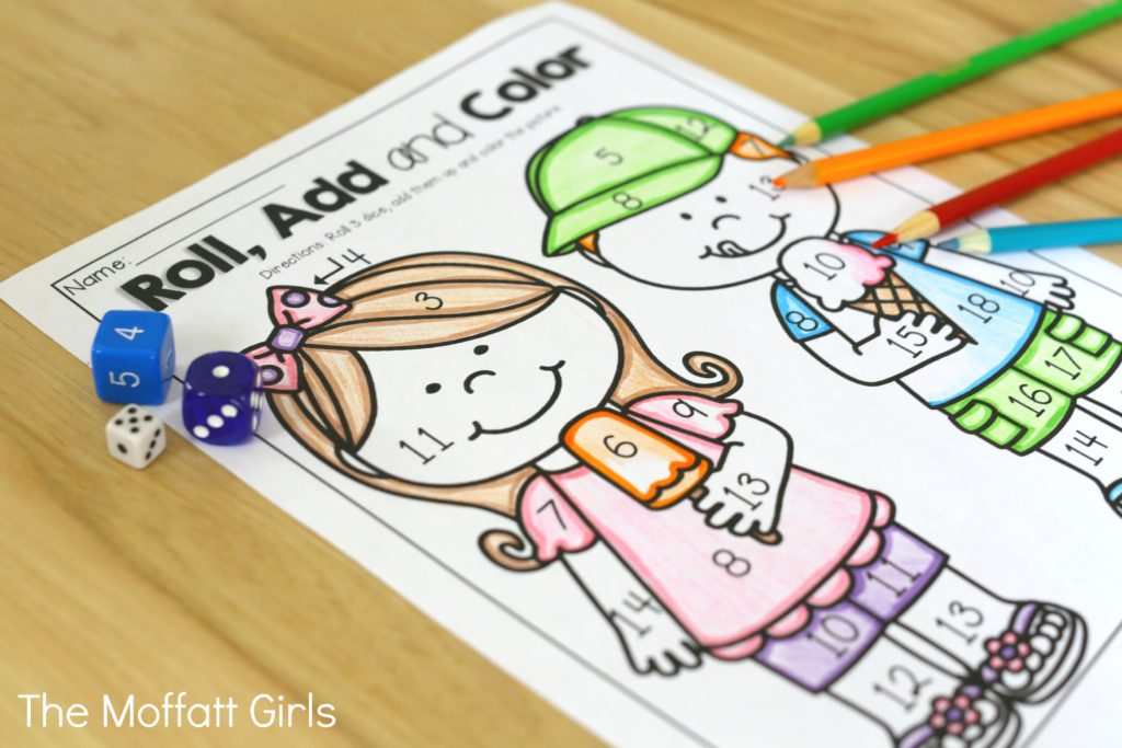 Summer Review NO PREP 1st Grade in action! Roll, Add and Color (addition up to 20)- Avoid the Summer Slide! Help your students stay on track during summer break with these FUN activities! Perfect for 1st Grade going into 2nd Grade!