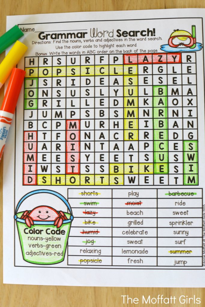 Summer Review NO PREP 2nd Grade in action! Grammar Word Search (color by parts of speech)- Avoid the Summer Slide! Help your students stay on track during summer break with these FUN activities! Perfect for 2nd Grade going into 3rd Grade!