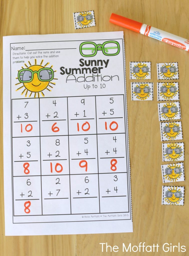 Summer Review NO PREP Kindergarten! Sunny Summer Addition (up to 10)- Avoid the Summer Slide! Help your students stay on track during summer break with these FUN activities! Perfect for Kindergarten going into 1st Grade!