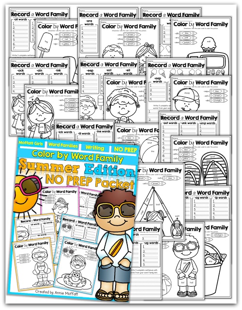Color by Word Family NO PREP (Summer Edition)! This “educational coloring book” allows kids to color, write and record different word families!
