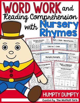 Teaching Word Work and Reading Comprehension through Nursery Rhymes! These packets are designed to build both PHONICS SKILLS AND READING COMPREHENSION with simple nursery rhymes! This packet is targeted for 1st Grade, but can also be used with high flying Kindergarteners!