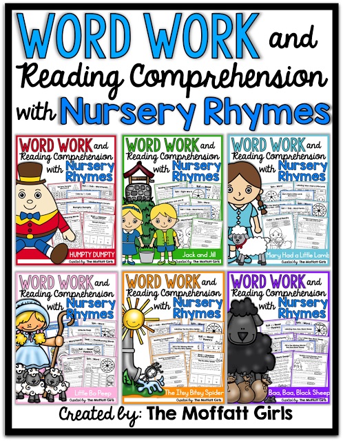 Teaching Word Work and Reading Comprehension through Nursery Rhymes! These packets are designed to build both PHONICS SKILLS AND READING COMPREHENSION with simple nursery rhymes! This packet is targeted for 1st Grade, but can also be used with high flying Kindergarteners!