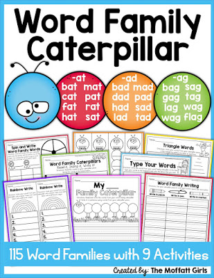 Word Family Caterpillar!! 115 Word Families with 9 different word work activities to help build fluency and develop spelling patterns!
