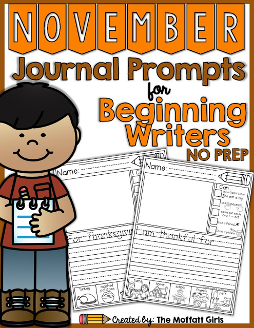 November Journal Prompts for Beginning Writers NO PREP! Journal Prompts for November- These 20 journal prompts include I Can statements to build writing skills and a picture dictionary to spark the imagination. Perfect for beginning writers.