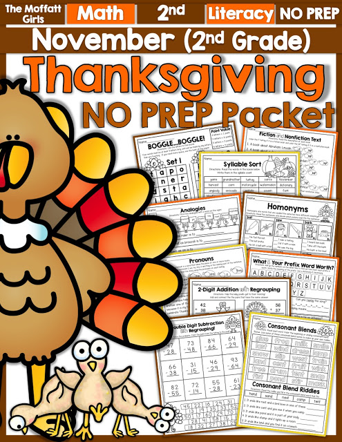 November NO PREP Packet (2nd Grade)! Teach basic math operations, sight words, phonics, grammar, handwriting and so much more with the November NO PREP Packet for Second Grade!