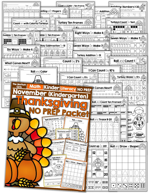 November NO PREP Packet (Kindergarten)! Teach basic addition, subtraction, sight words, phonics, letters, handwriting and so much more with the November NO PREP Packet for Kindergarten!
