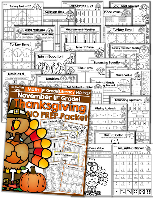 November NO PREP Packet (1st Grade)! Teach addition, subtraction, sight words, phonics, grammar, handwriting and so much more with the November NO PREP Packet for First Grade!