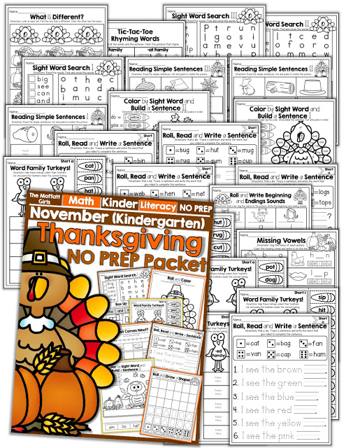 November NO PREP Packet (Kindergarten)! Teach basic addition, subtraction, sight words, phonics, letters, handwriting and so much more with the November NO PREP Packet for Kindergarten!
