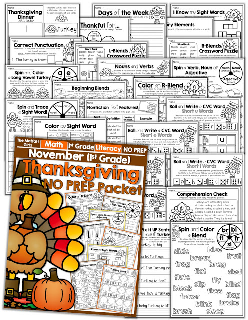 November NO PREP Packet (1st Grade)! Teach addition, subtraction, sight words, phonics, grammar, handwriting and so much more with the November NO PREP Packet for First Grade!