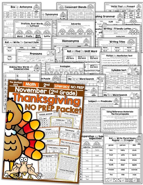 November NO PREP Packet (2nd Grade)! Teach basic math operations, sight words, phonics, grammar, handwriting and so much more with the November NO PREP Packet for Second Grade!