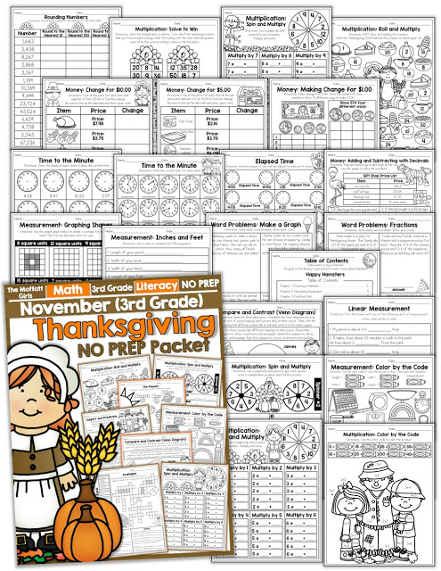 November NO PREP Packet (3rd Grade)! Teach multiplication, two and three-digit addition and subtraction, sight words, grammar, writing and so much more with the November NO PREP Packet for Third Grade!