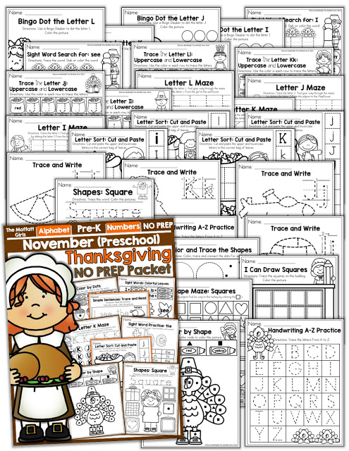 November NO PREP Packet (Preschool)! Teach number concepts, colors, shapes, letters, phonics and so much more with the November NO PREP Packet for Preschool!