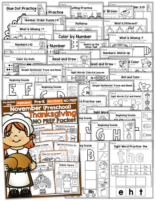 November NO PREP Packet (Preschool)! Teach number concepts, colors, shapes, letters, phonics and so much more with the November NO PREP Packet for Preschool!