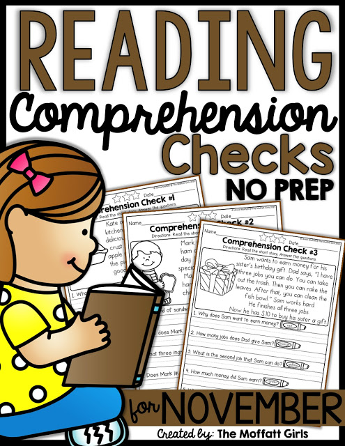 Reading Comprehension Checks for November NO PREP! Reading Comprehension Checks for November- Build confidence in beginning and struggling readers with these short stories, while teaching students to find text evidence to support their answers.