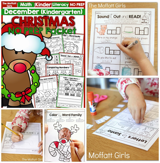 Teach basic addition, subtraction, sight words, phonics, letters, handwriting and so much more with the December NO PREP Packet for Kindergarten!