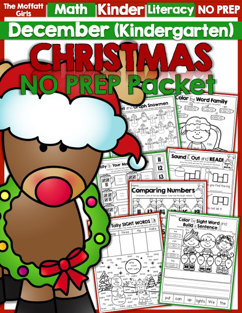 Teach basic addition, subtraction, sight words, phonics, letters, handwriting and so much more with the December NO PREP Packet for Kindergarten!