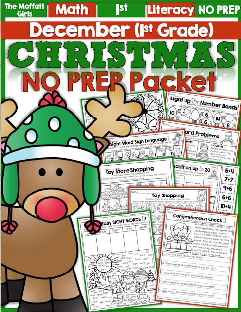 Teach addition, subtraction, sight words, phonics, grammar, handwriting and so much more with the December NO PREP Packet for First Grade!
