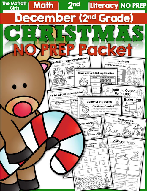 Teach basic math operations, sight words, phonics, grammar, handwriting and so much more with the December NO PREP Packet for Second Grade!