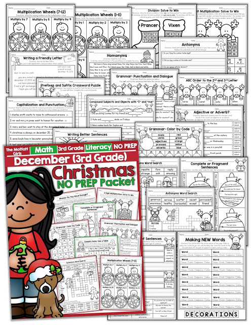 Teach multiplication, two and three-digit addition and subtraction, sight words, grammar, writing and so much more with the December NO PREP Packet for Third Grade!