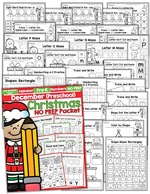 Teach number concepts, colors, shapes, letters, phonics and so much more with the December NO PREP Packet for Preschool!