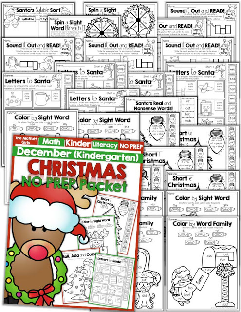 Teach basic addition, subtraction, sight words, phonics, letters, handwriting and so much more with the December NO PREP Packet for Kindergarten!