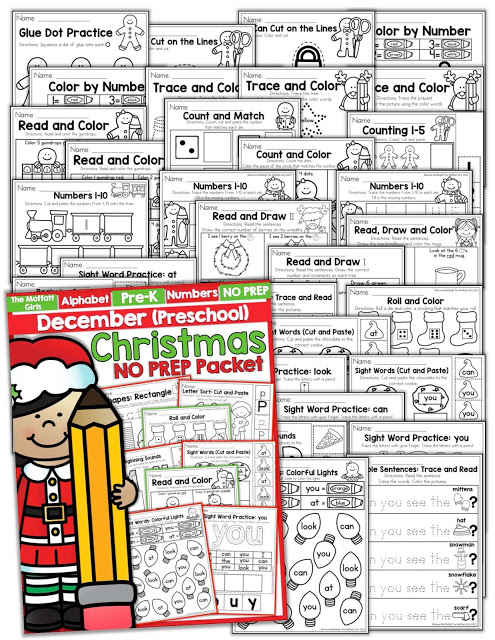 Teach number concepts, colors, shapes, letters, phonics and so much more with the December NO PREP Packet for Preschool!