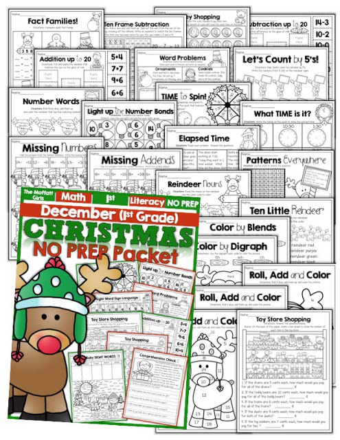 Teach addition, subtraction, sight words, phonics, grammar, handwriting and so much more with the December NO PREP Packet for First Grade!