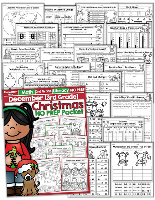 Teach multiplication, two and three-digit addition and subtraction, sight words, grammar, writing and so much more with the December NO PREP Packet for Third Grade!