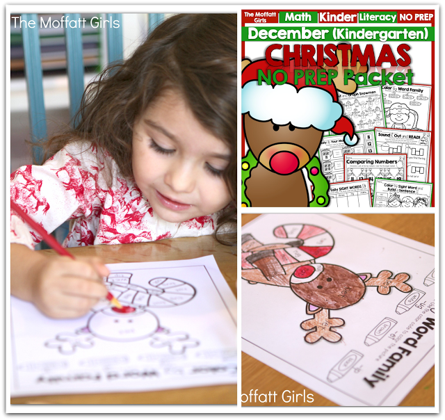 Teach basic addition, subtraction, sight words, phonics, letters, handwriting and so much more with the December NO PREP Packet for Kindergarten!