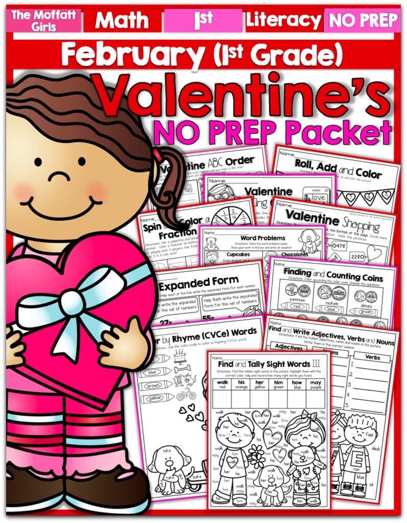February NO PREP Packet (1st Grade)! Teach addition, subtraction, sight words, phonics, grammar, handwriting and so much more with the February NO PREP Packet for First Grade!