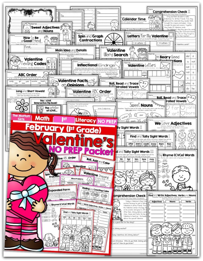 February NO PREP Packet (1st Grade)! Teach addition, subtraction, sight words, phonics, grammar, handwriting and so much more with the February NO PREP Packet for First Grade!